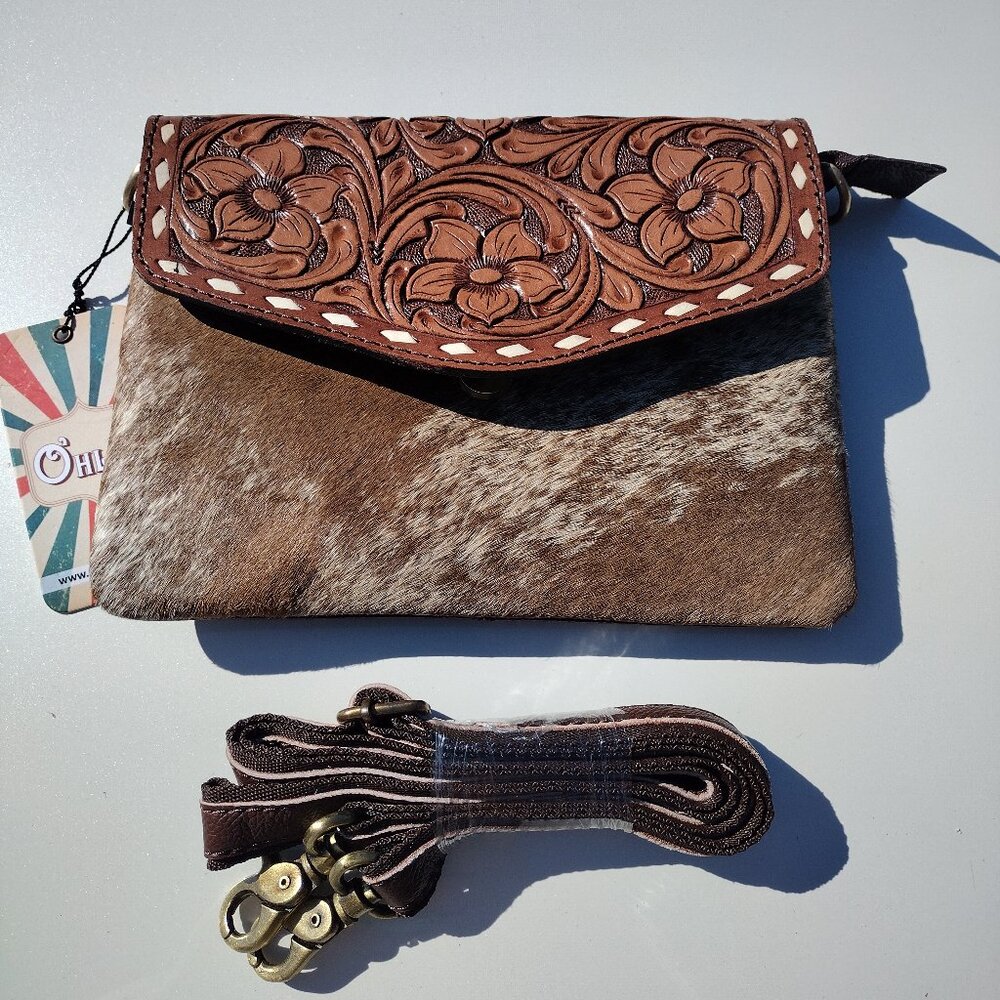 Tooled handbag cattle hair nwt